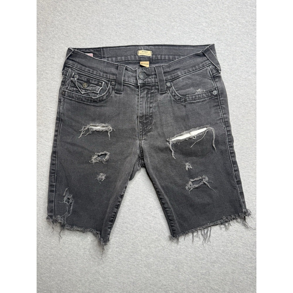 True Religion Shorts Mens 32 Black Ricky Relaxed‎ Straight Jorts Denim Cut Off